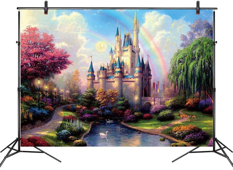 HVEST 7x5ft Princess Castle Birthday Backdrop for Photography Fairy Tale Blue Sky and White Clouds Backgrounds Kids Children Girls Princess Birthday Party Cake Table Banner Baby Shower Photo Booth Props - Image 1